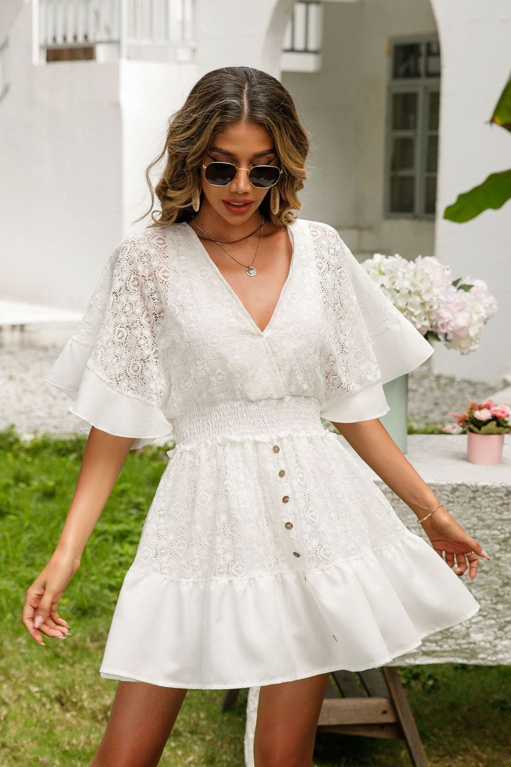 Lace Cutout Surplice Half Sleeve Dress - Siennasass