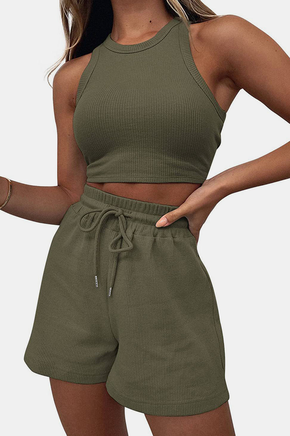 Round Neck Top and Drawstring Shorts Set - Siennasass