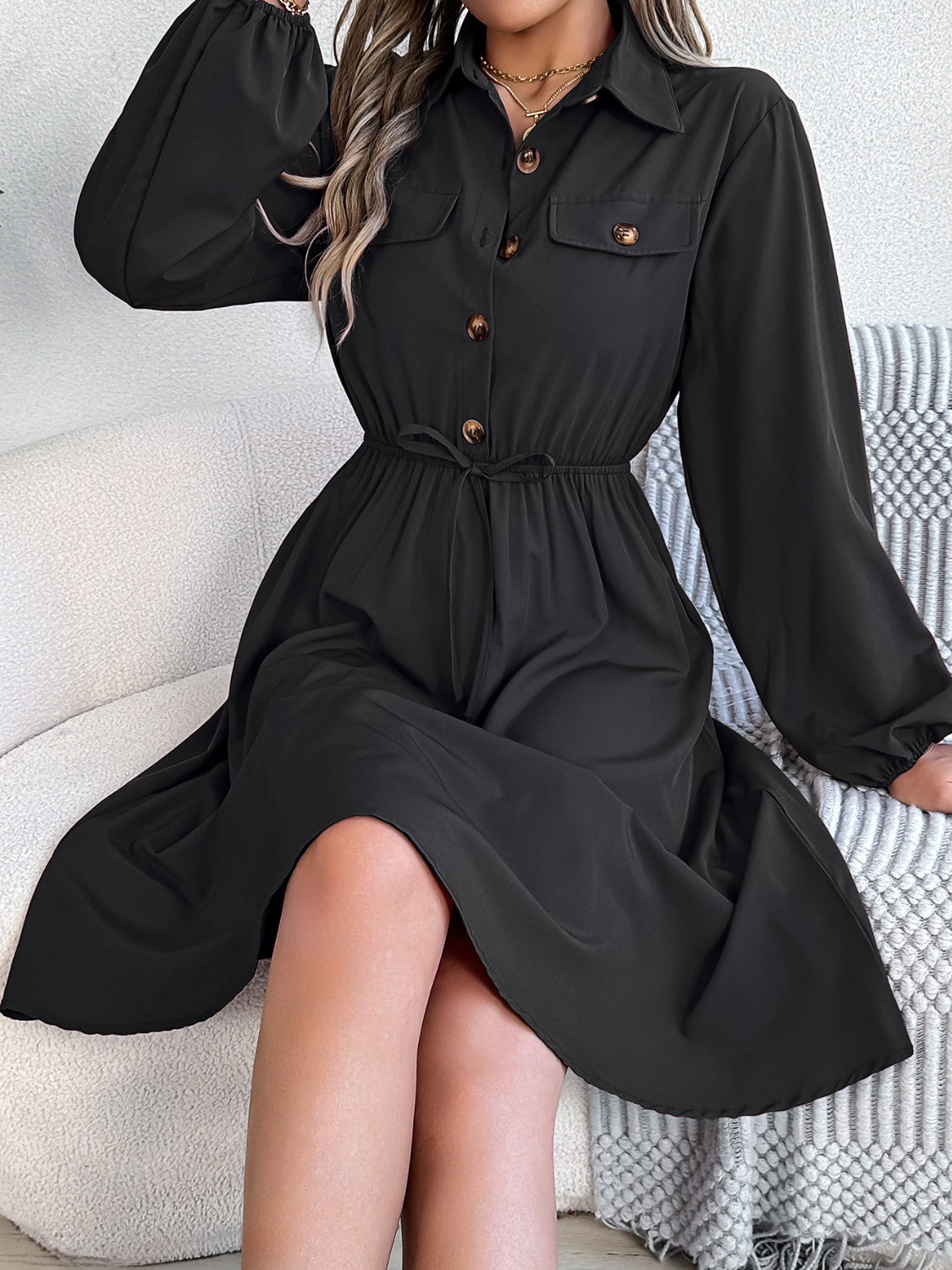 Collared Neck Long Sleeve Dress with Pockets - Siennasass