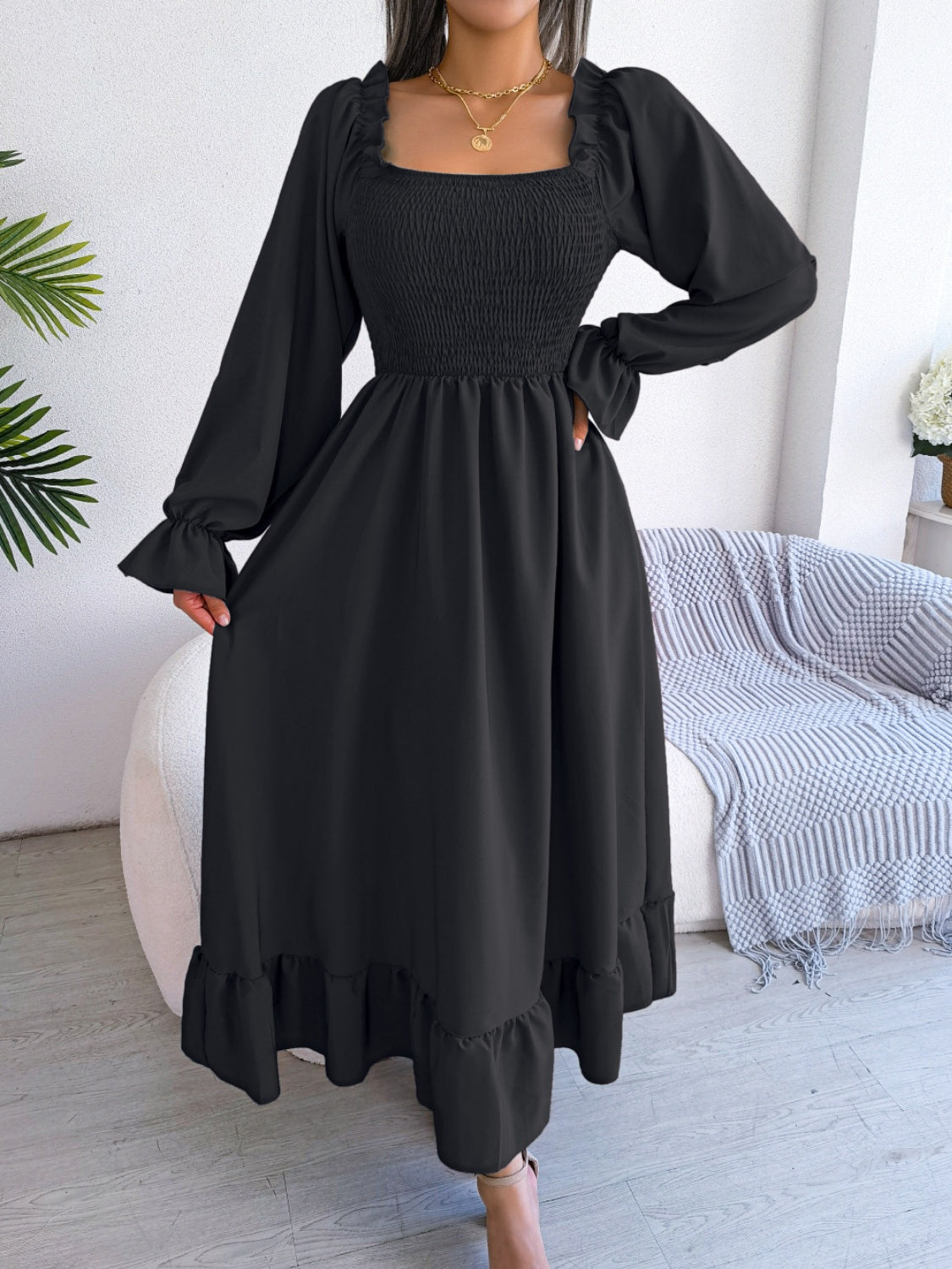 Smocked Square Neck Flounce Sleeve Dress - Siennasass