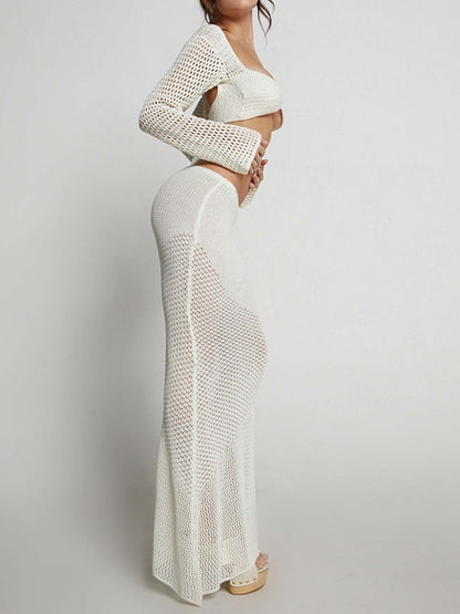 Tied Long Sleeve Top and Skirt Cover Up Set - Siennasass