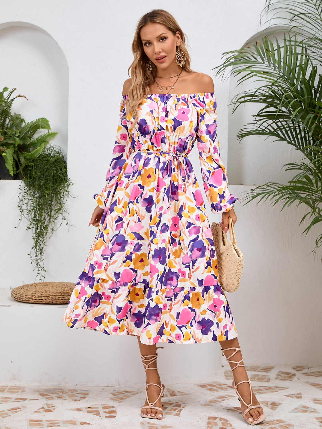 Printed Long Sleeve Midi Dress - Siennasass