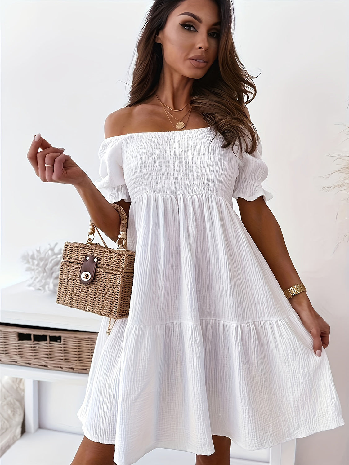 Full Size Ruffled Off-Shoulder Short Sleeve Dress - Siennasass