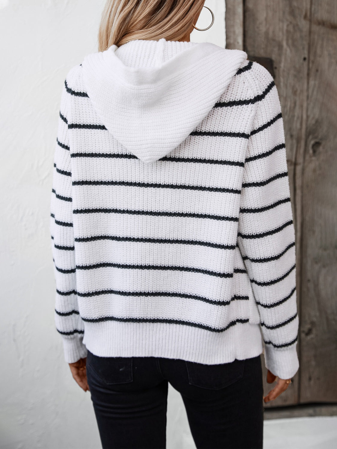 Striped Button Up Long Sleeve Hooded Cardigan - Siennasass