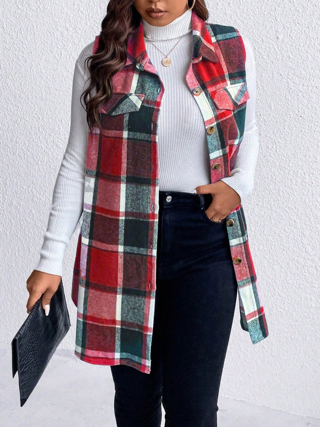 Honey Plus Size Pocketed Plaid Button Up Vest Coat - Siennasass