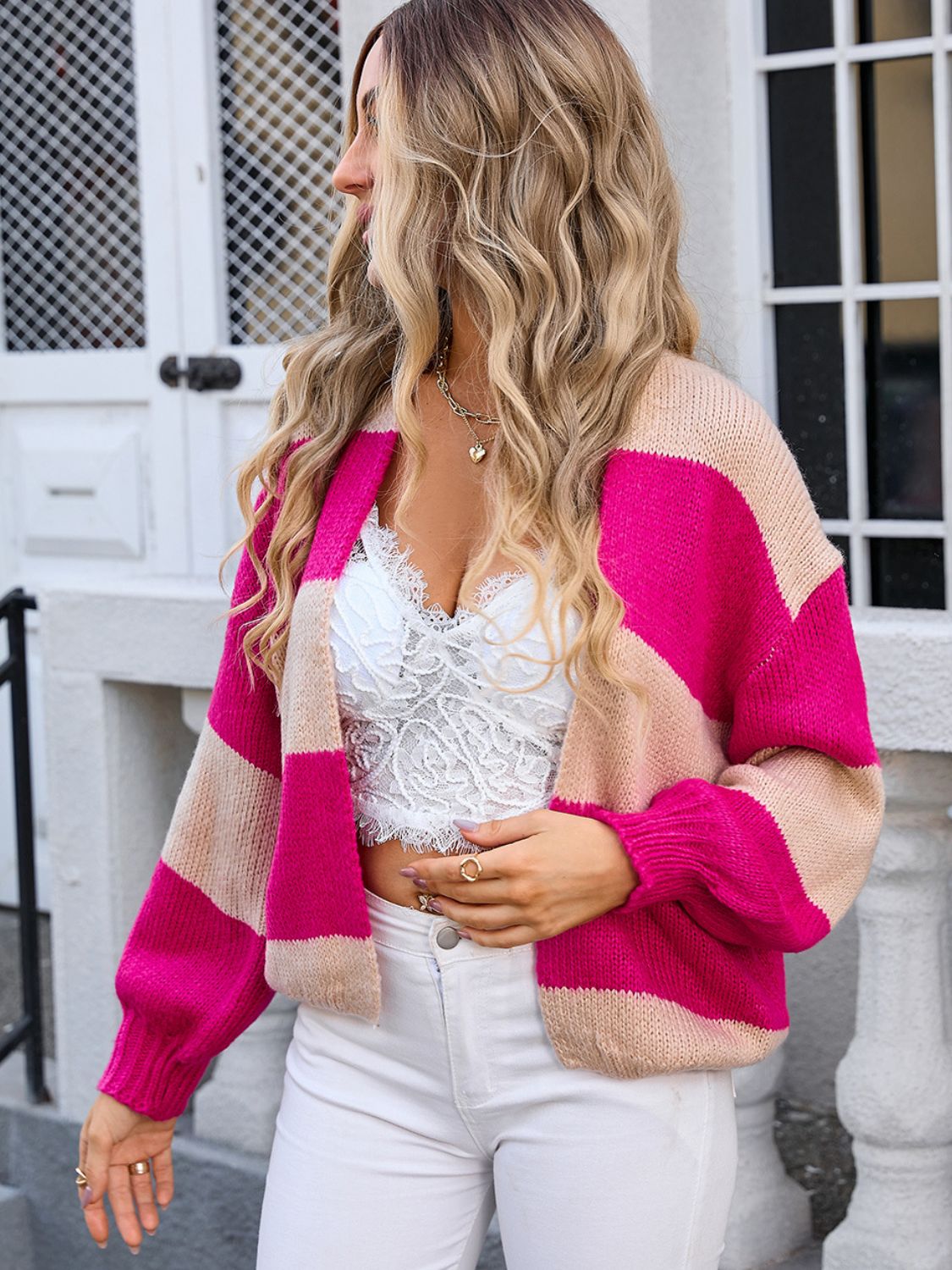 Striped Open Front Dropped Shoulder Cardigan - Siennasass