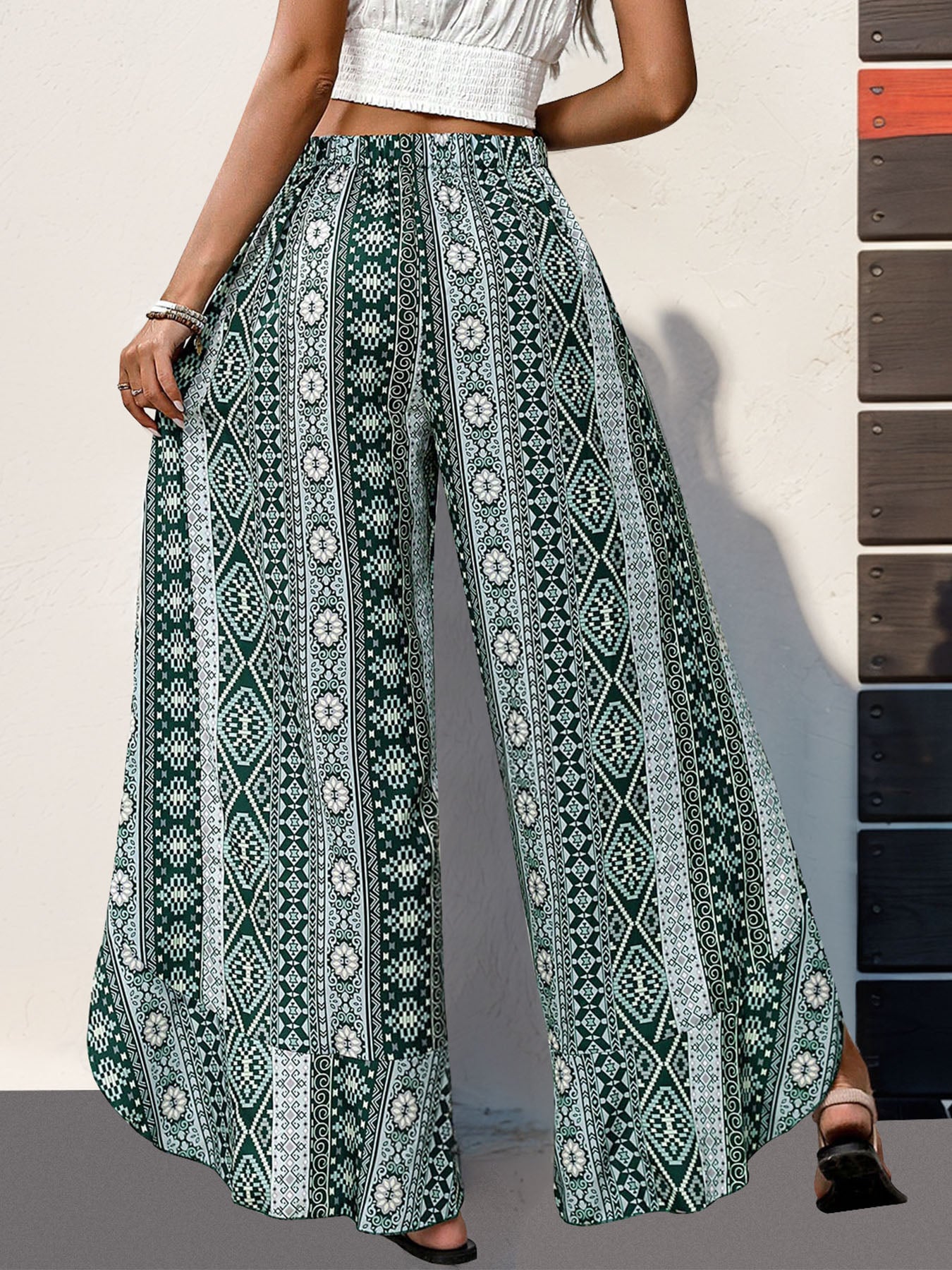 Slit Ruffled Geometric Wide Leg Pants - Siennasass
