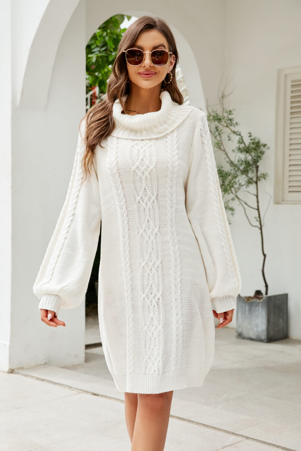 Woven Right Mixed Knit Turtleneck Lantern Sleeve Sweater Dress - Siennasass
