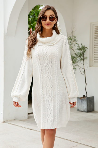 Woven Right Mixed Knit Turtleneck Lantern Sleeve Sweater Dress - Siennasass