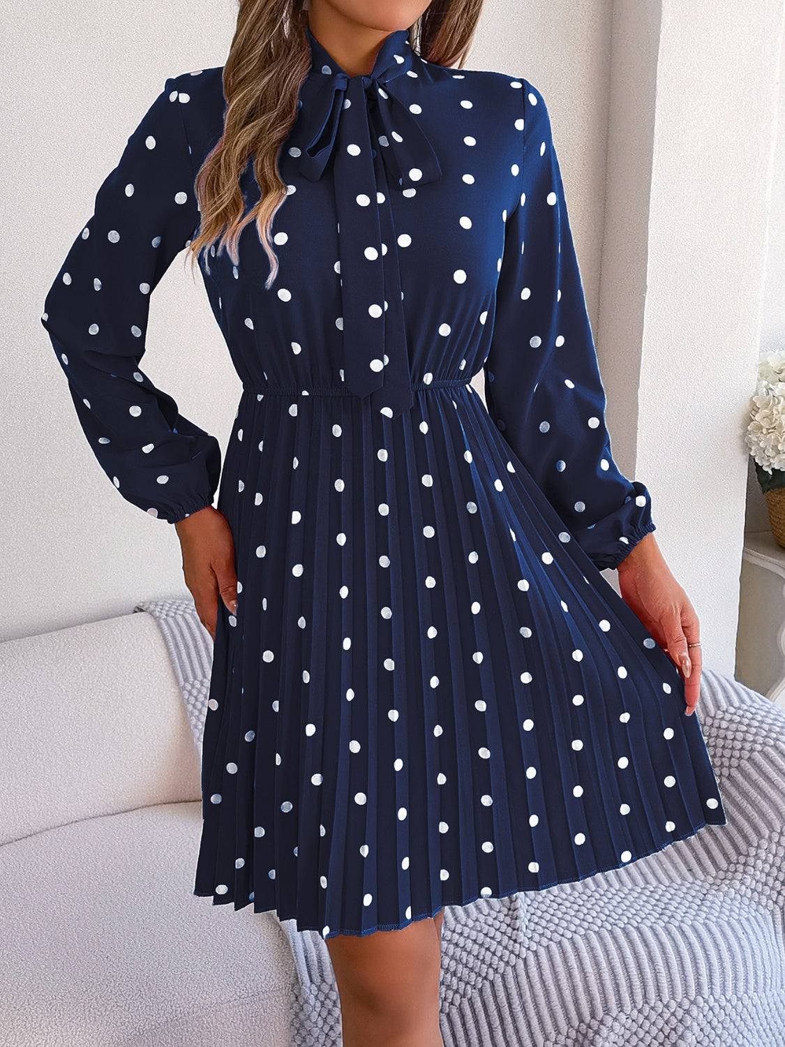 Polka Dot Tie Neck Pleated Dress - Siennasass
