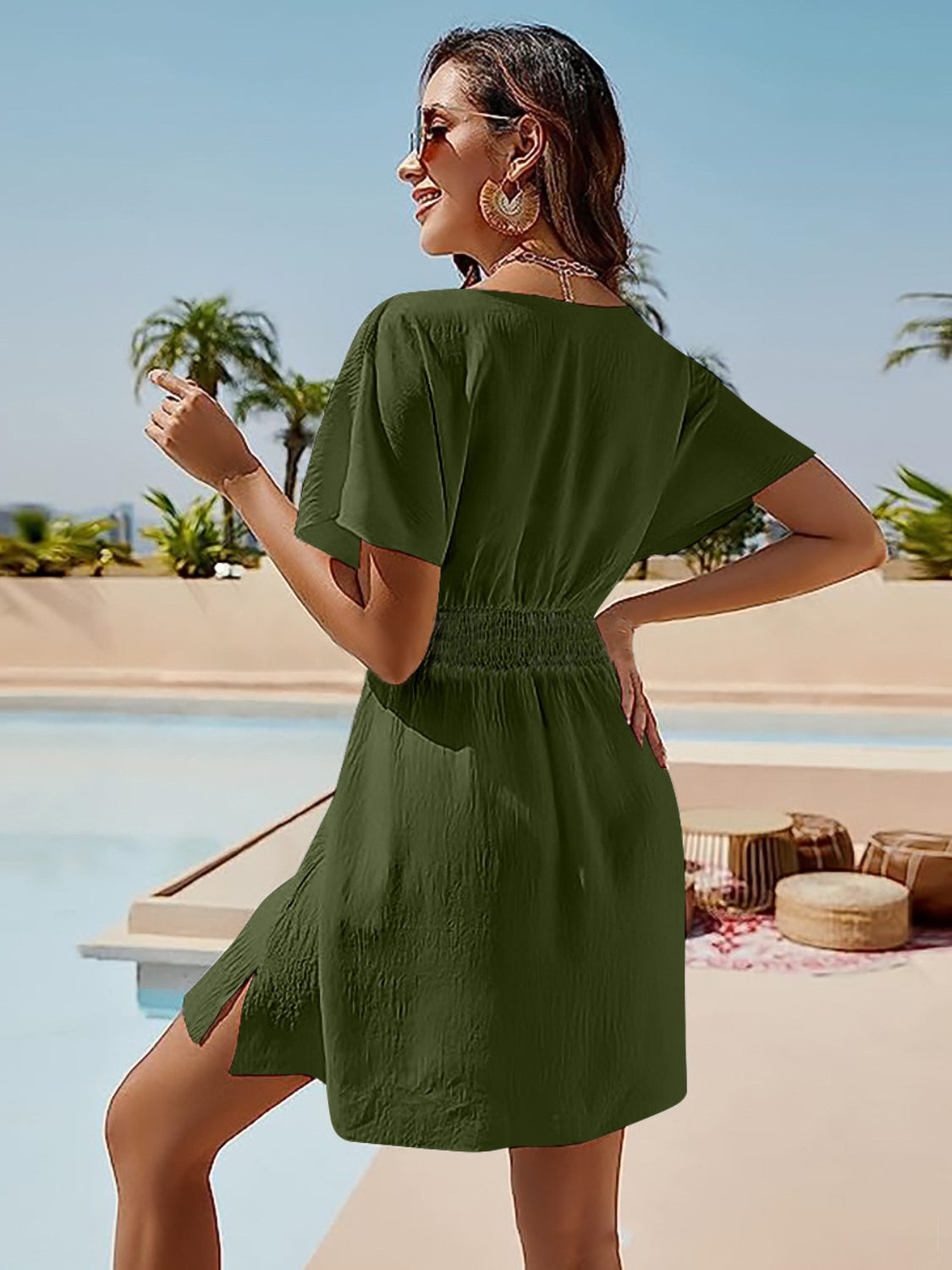 Smocked V-Neck Short Sleeve Dress - Siennasass