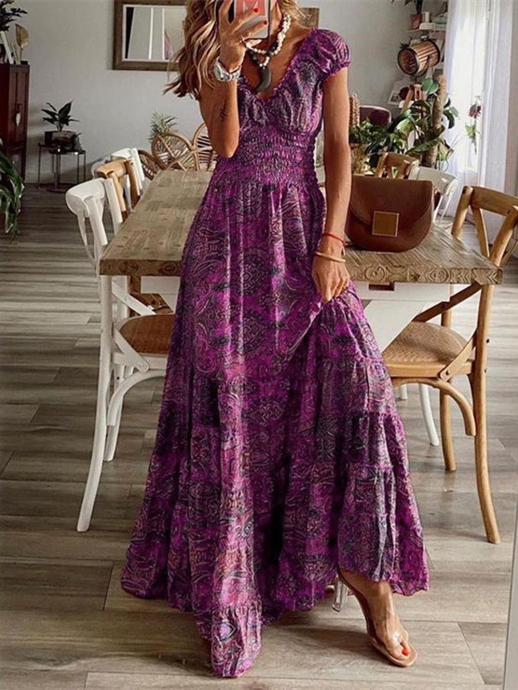 Full Size Smocked Printed V-Neck Short Sleeve Dress - Siennasass