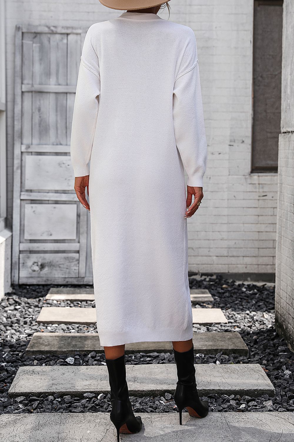 Decorative Button Notched Dropped Shoulder Sweater Dress - Siennasass