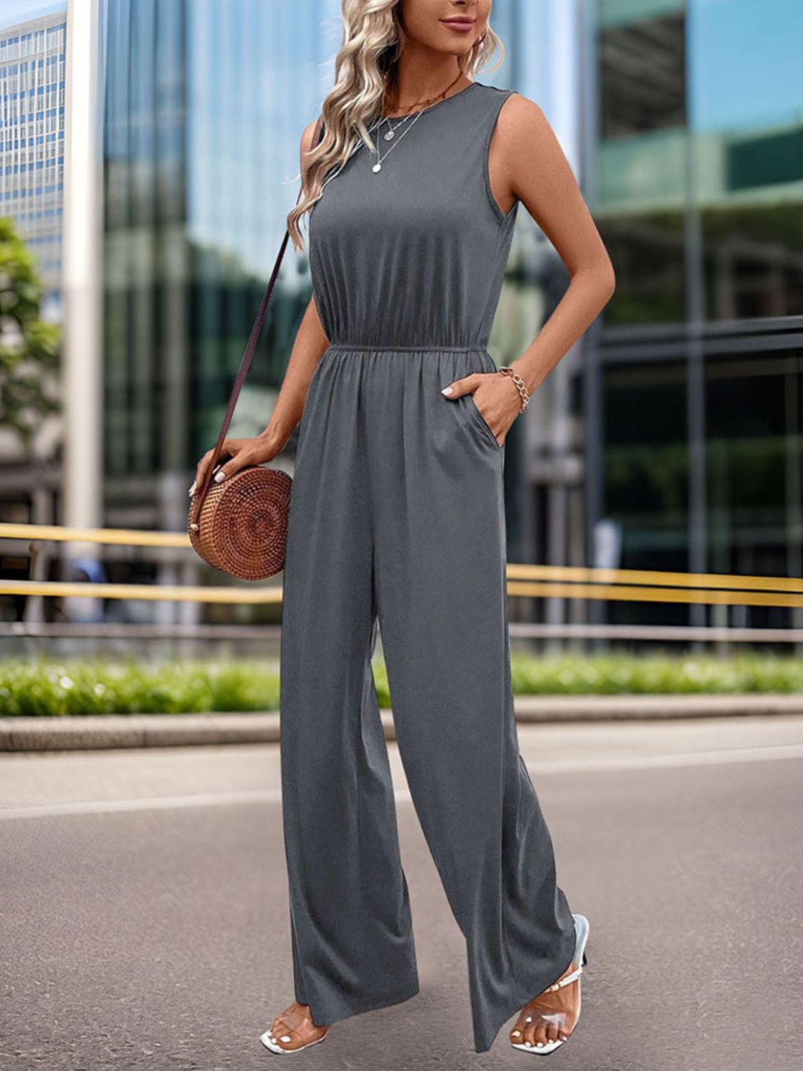 Round Neck Wide Leg Jumpsuit - Siennasass