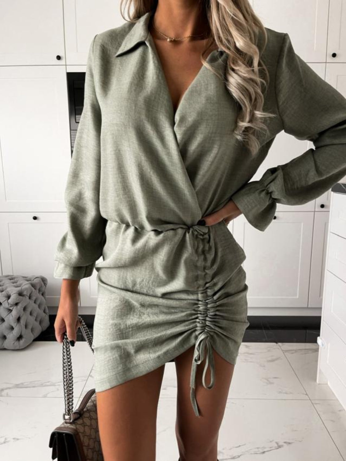 Drawstring Long Sleeve Mini Dress - Siennasass