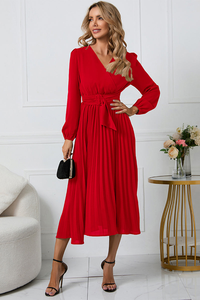V-Neck Long Sleeve Tie Waist Midi Dress - Siennasass