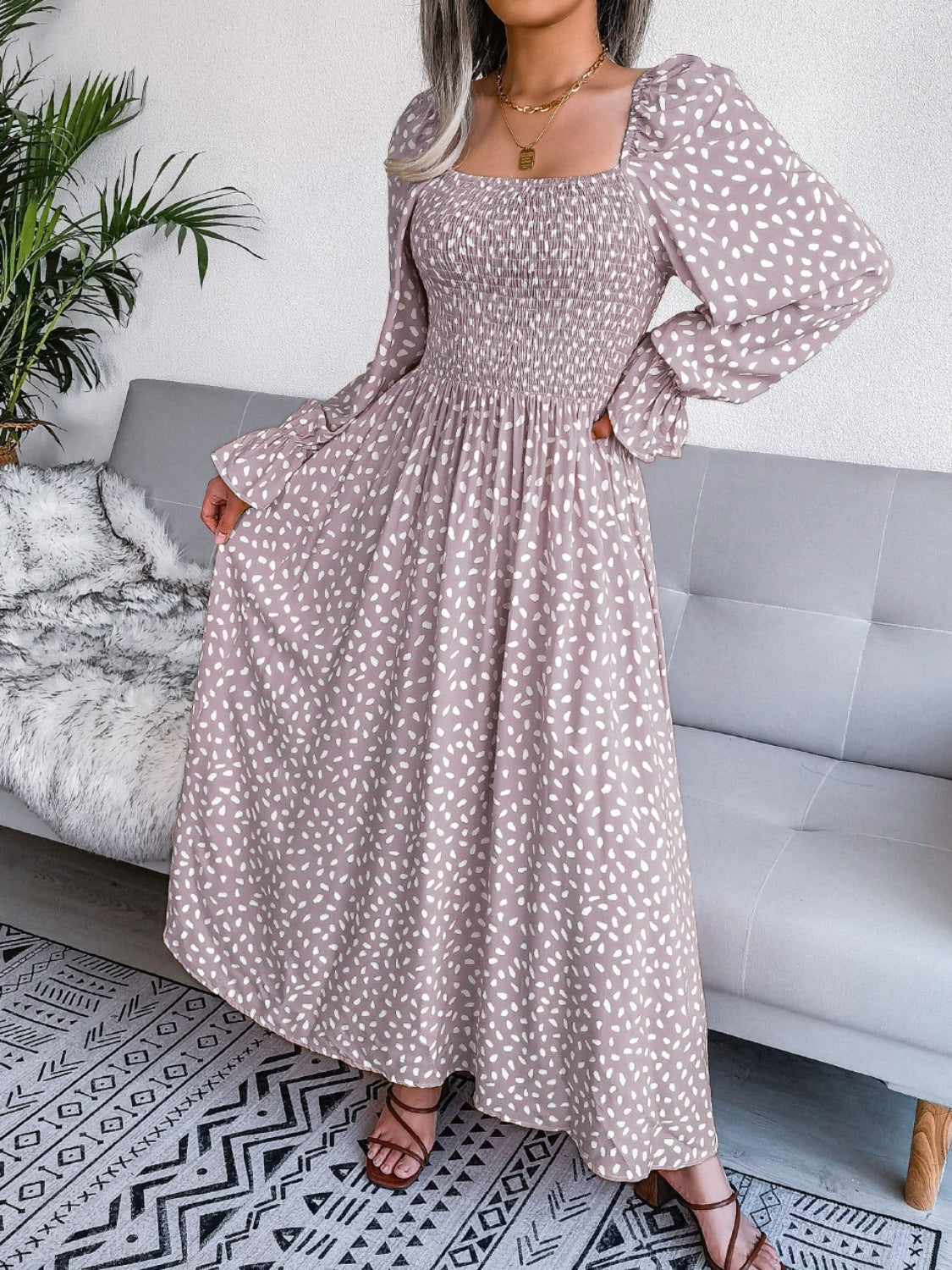 Smocked Square Neck Flounce Sleeve Dress - Siennasass