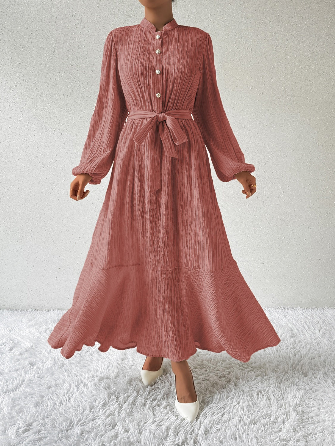 Tie Waist Long Sleeve Dress - Siennasass