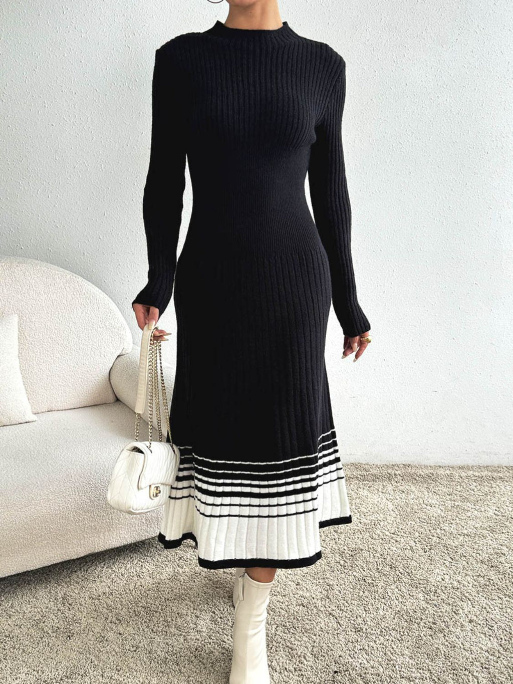 Contrast Mock Neck Long Sleeve Sweater Dress - Siennasass