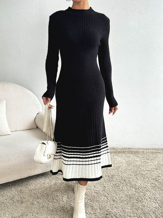 Contrast Mock Neck Long Sleeve Sweater Dress - Siennasass