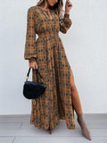 Slit Plaid Tie Neck Long Sleeve Maxi Dress - Siennasass