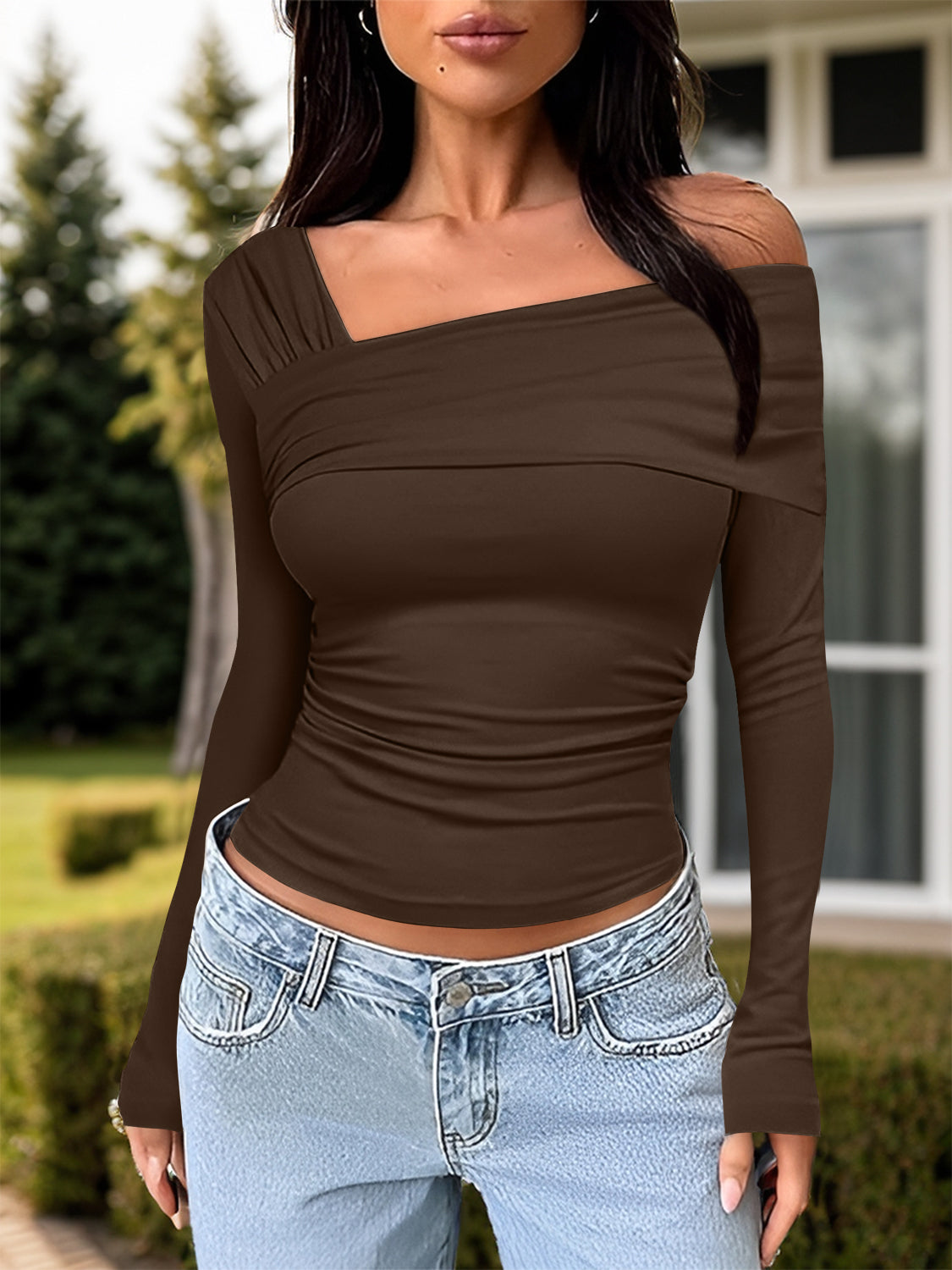 Ruched One Shoulder Long Sleeve T-Shirt - Siennasass