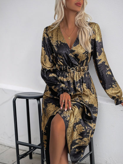 Perfee – Bedrucktes, langärmliges Midikleid mit Überwurf