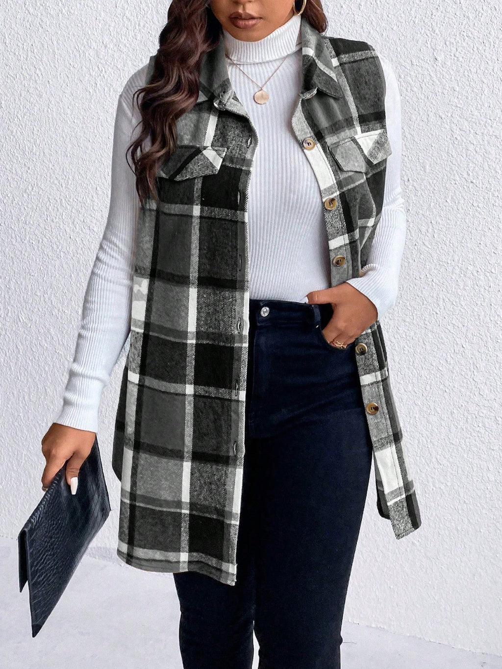 Honey Plus Size Pocketed Plaid Button Up Vest Coat - Siennasass
