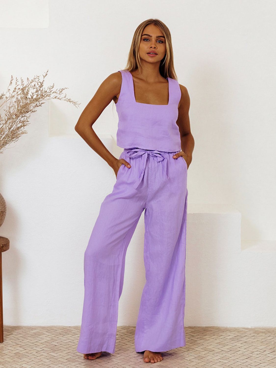 Square Neck Sleeveless Top and Pants Set - Siennasass