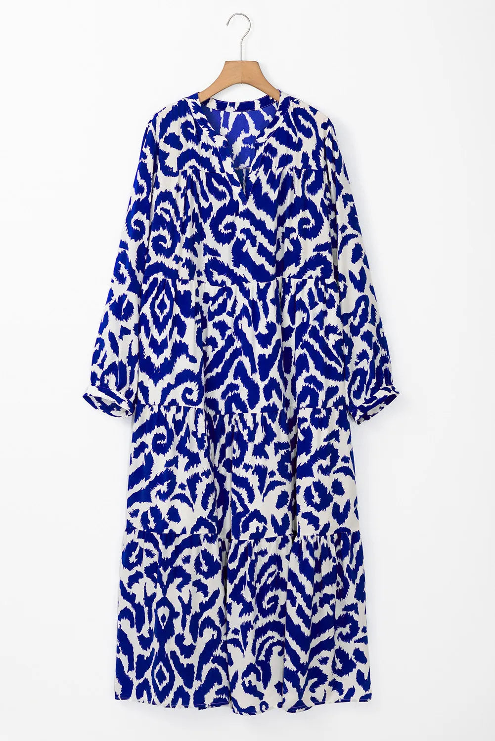 Tiered Printed Notched Long Sleeve Midi Dress - Siennasass