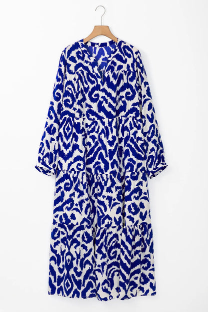Tiered Printed Notched Long Sleeve Midi Dress - Siennasass