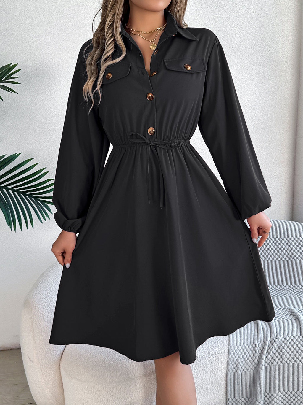 Collared Neck Long Sleeve Dress with Pockets - Siennasass