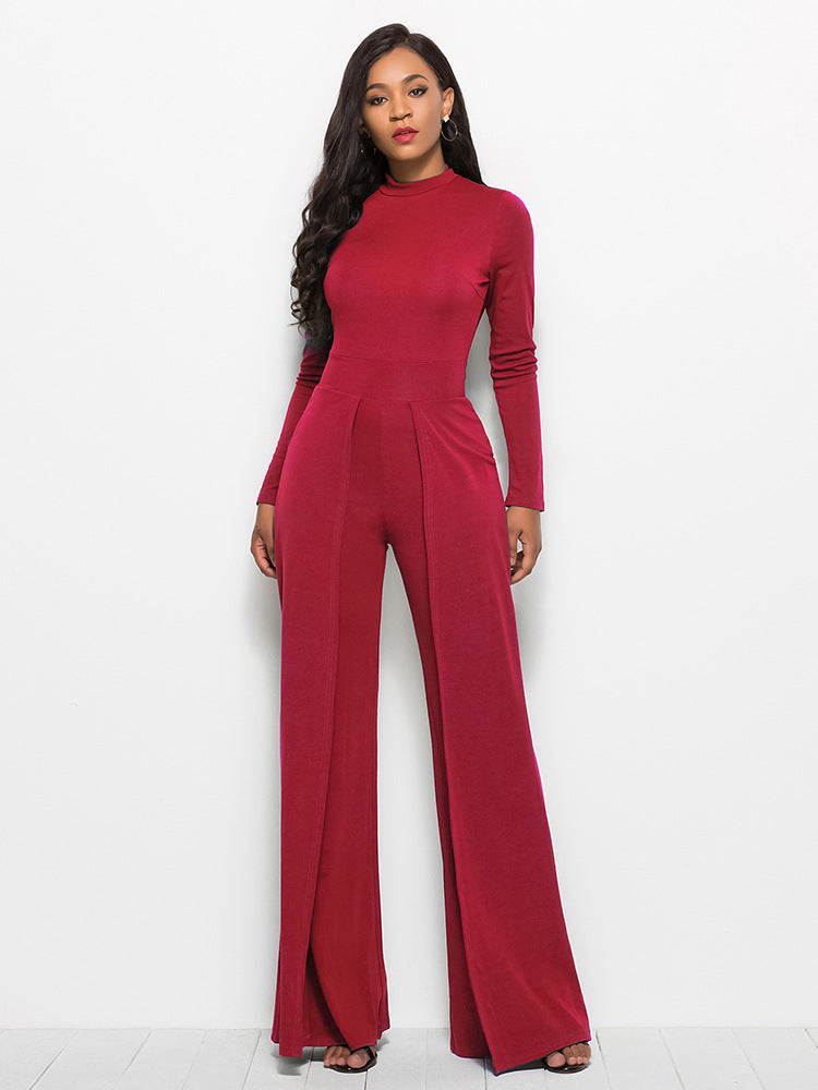Long Sleeve Mock Neck Wide Leg Jumpsuit - Siennasass
