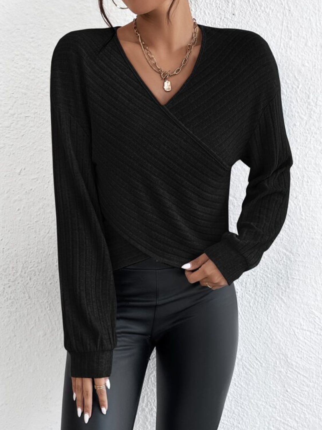Surplice Dropped Shoulder Long Sleeve T-Shirt - Siennasass