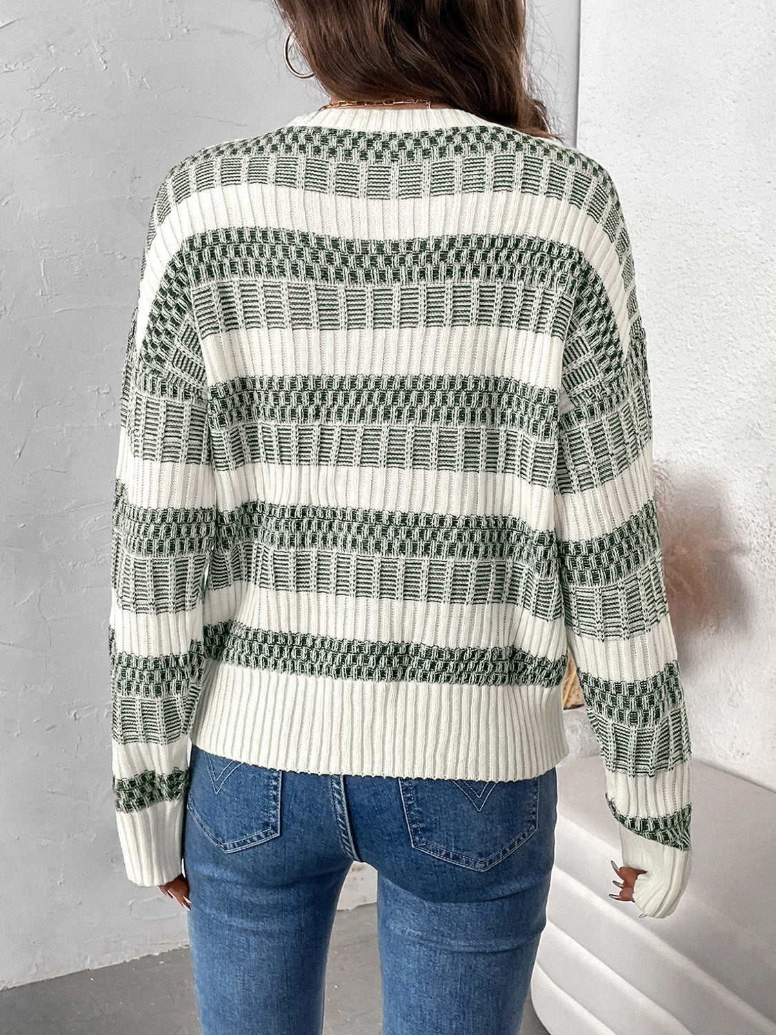 Perfee Contrast Round Neck Long Sleeve Sweater - Siennasass
