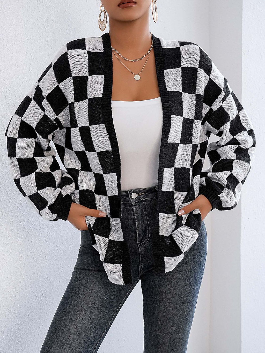 Checkered Open Front Long Sleeve Cardigan - Siennasass