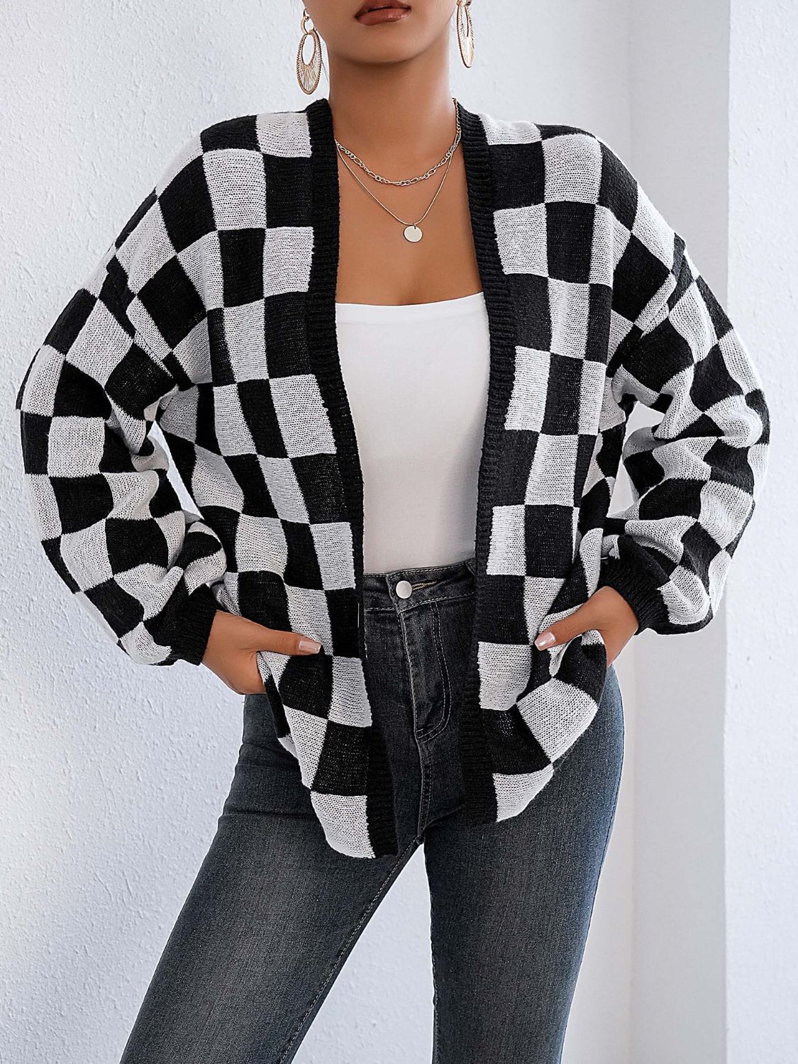 Checkered Open Front Long Sleeve Cardigan - Siennasass