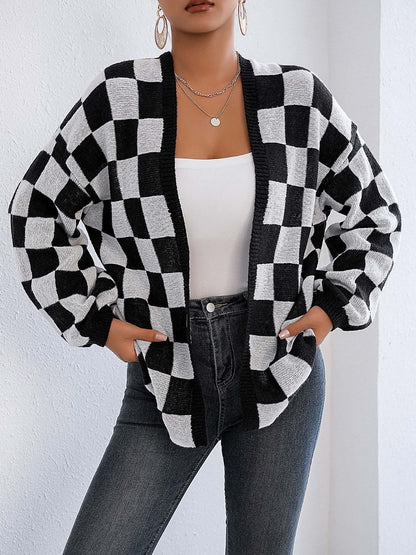 Checkered Open Front Long Sleeve Cardigan - Siennasass