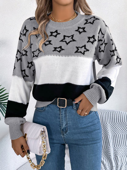 Star Contrast Round Neck Sweater - Siennasass