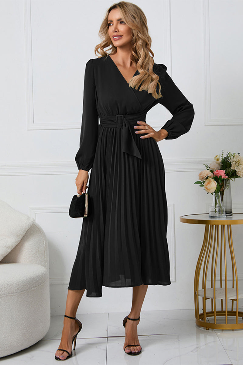 V-Neck Long Sleeve Tie Waist Midi Dress - Siennasass