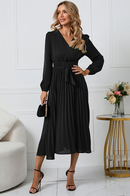 V-Neck Long Sleeve Tie Waist Midi Dress - Siennasass
