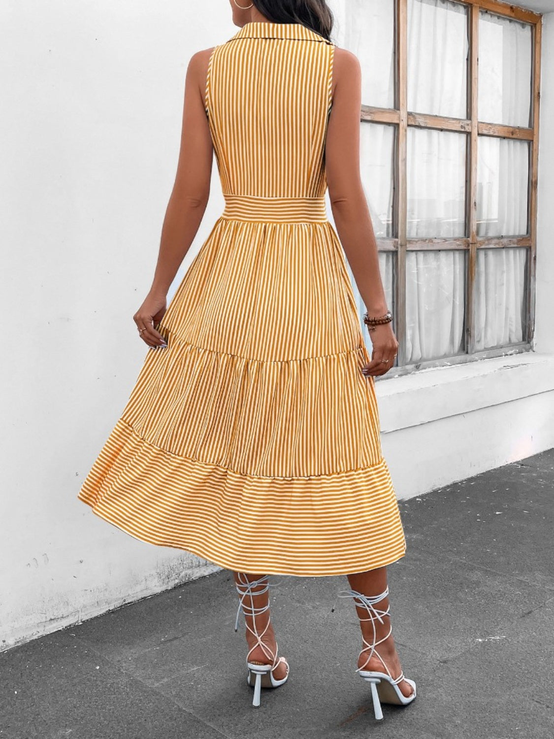 Striped Johnny Collar Sleeveless Midi Dress - Siennasass