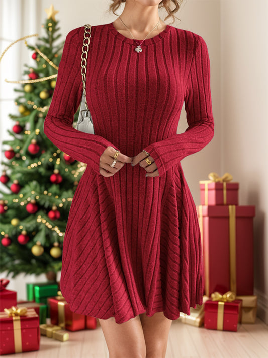 Ribbed Round Neck Long Sleeve Dress - Siennasass