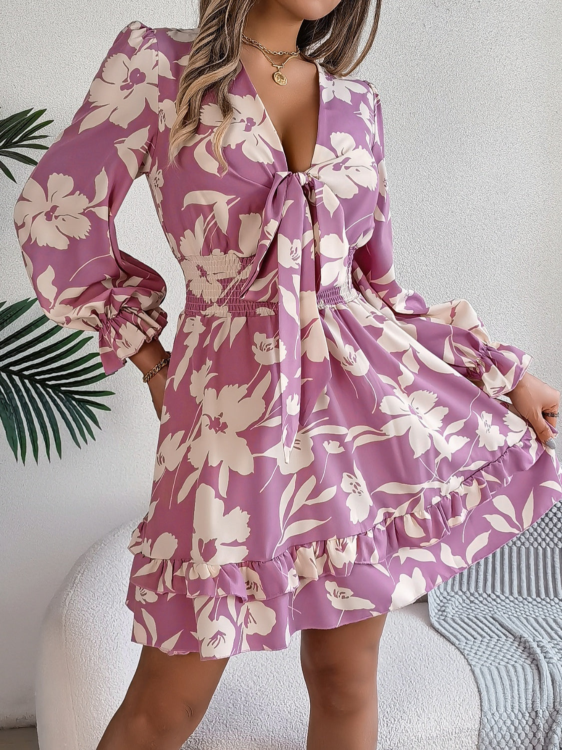 Tied Ruffled Printed Long Sleeve Dress - Siennasass