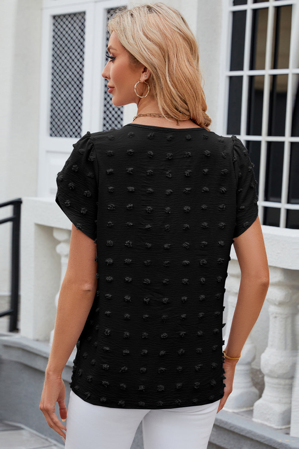 Swiss Dot Round Neck Petal Sleeve Blouse - Siennasass