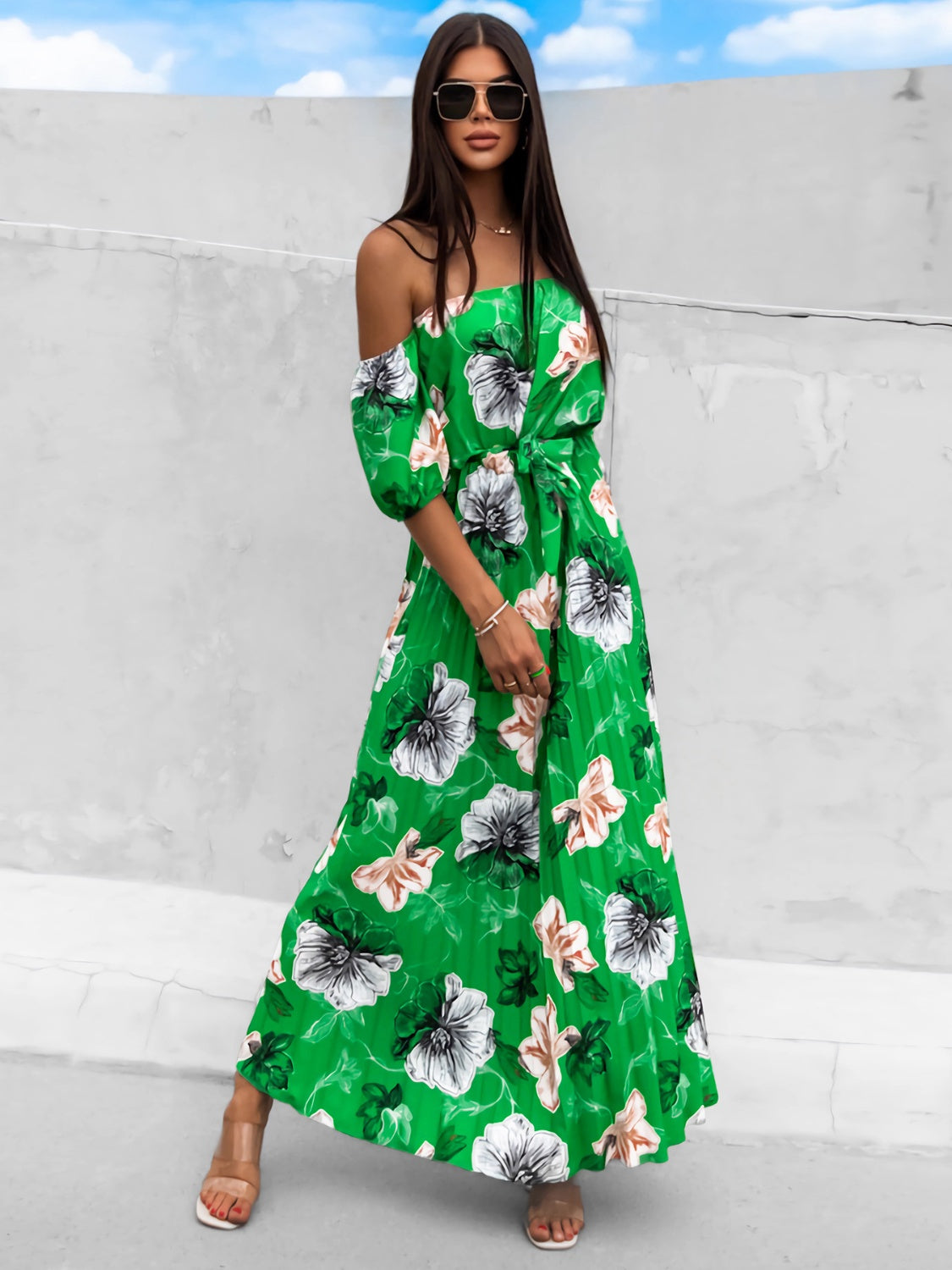 Pleated Floral Off-Shoulder Short Sleeve Midi Dress - Siennasass