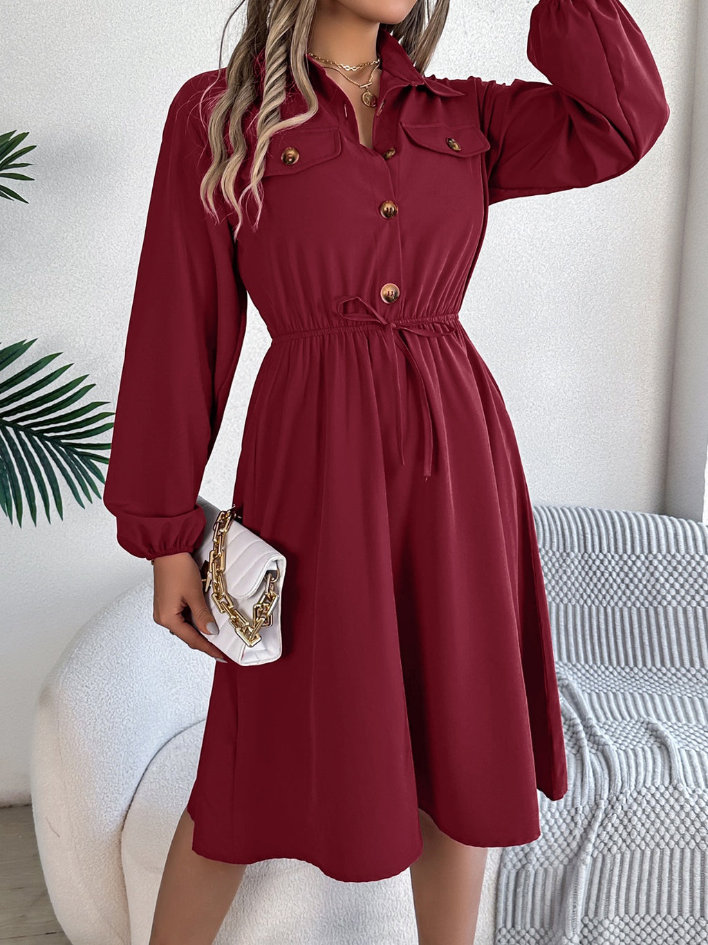 Collared Neck Long Sleeve Dress with Pockets - Siennasass