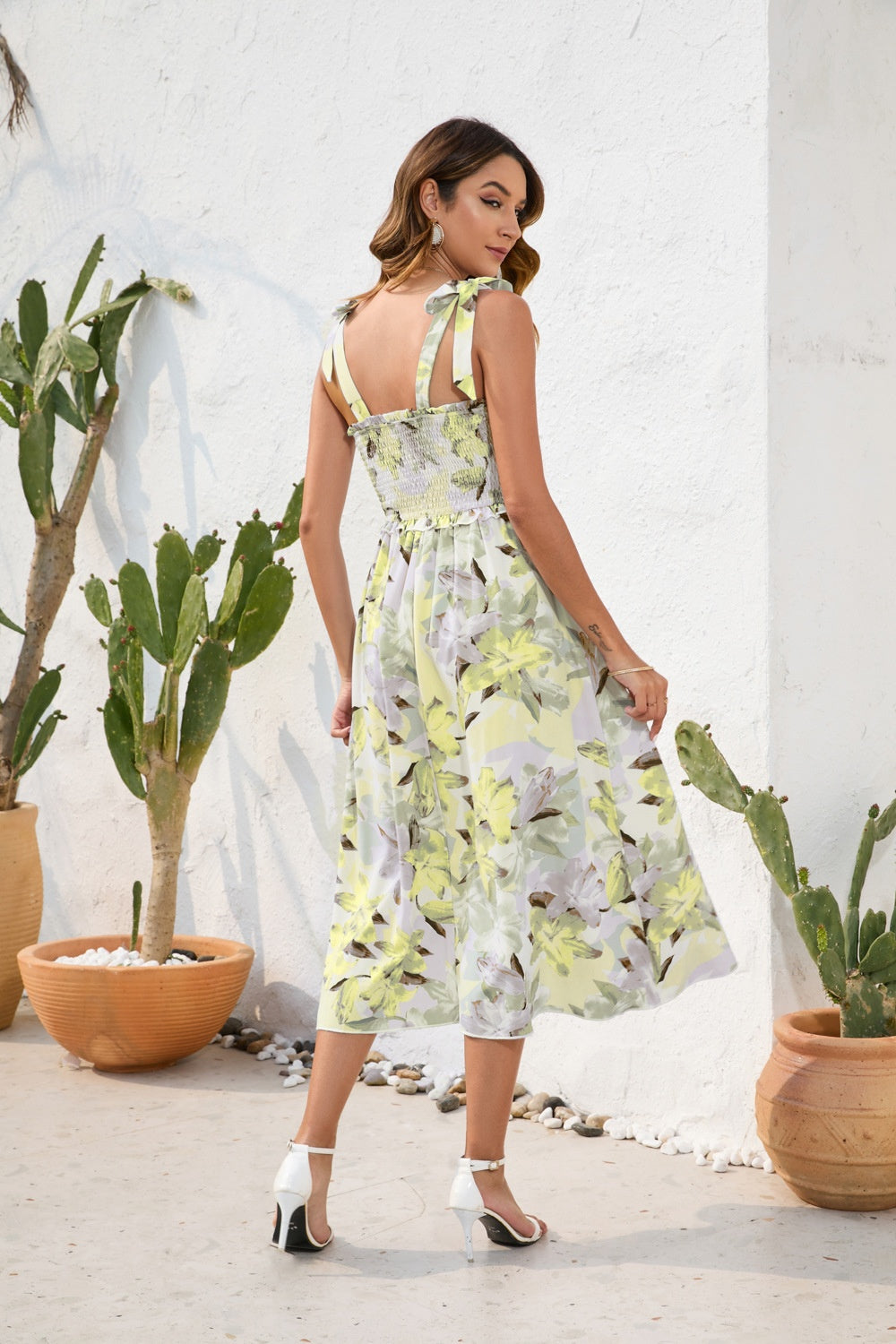 Smocked Printed Square Neck Midi Dress - Siennasass