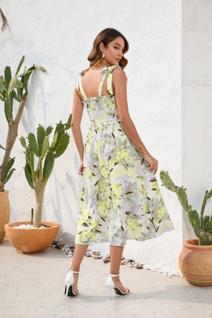 Smocked Printed Square Neck Midi Dress - Siennasass