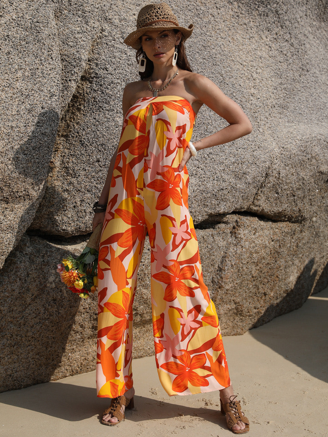 Tied Printed Tube Wide Leg Jumpsuit - Siennasass